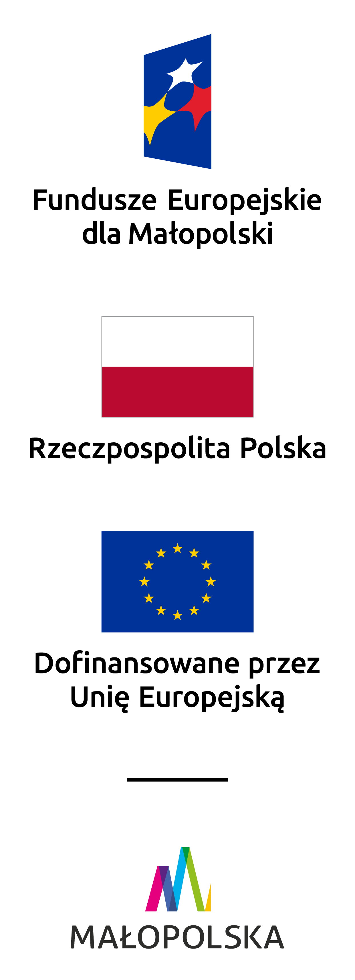 Zestawienie znaków: Fundusze Europejskie dla Małopolski, Rzeczpospolita Polska, Dofinansowane przez Unię Europejską, Małopolska